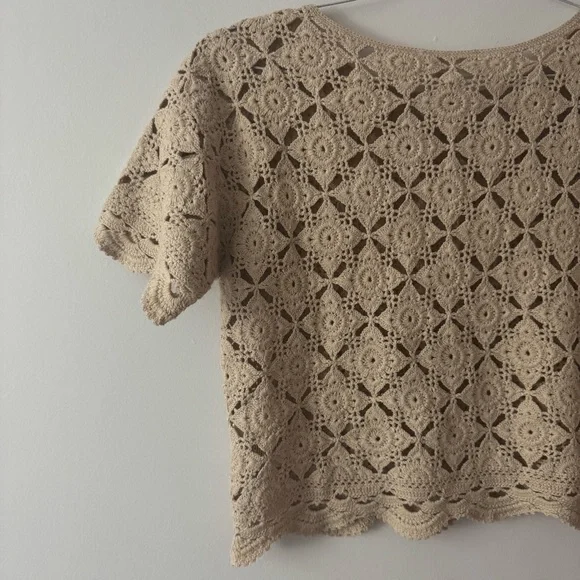 Sezane Dorine Top in Latte Tan Size XS Crochet Lace Blouse Cotton Tee Shirt - Picture 10 of 15